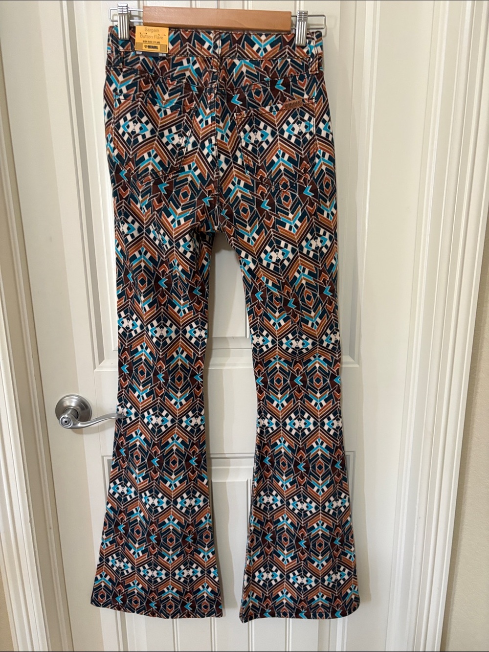 NWT Rock&Roll Denim Flare Geometric Print Pants - Teal & Brown - Picture 7 of 9